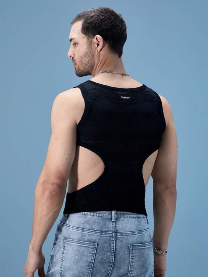 SWAVVY Sexy Skinny High-Waist Hollow-Out Knit Vest Men